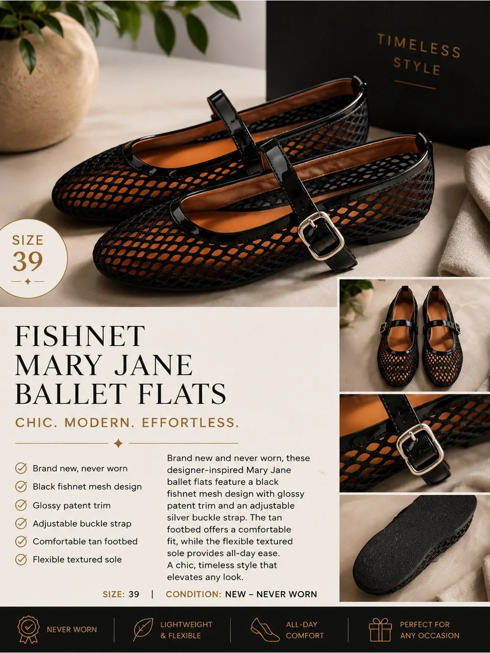 FISHNET MARY JANE BALLET FLATS — SIZE 39 / US 8.5